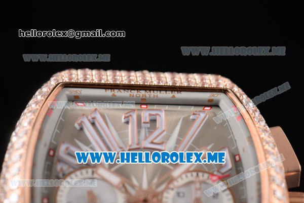 Franck Muller Vanguard Miyota OS20 Quartz Rose Gold Case with Champagne Dial Brown Leather Strap Arabic Numeral Markers and Diamonds Bezel - Click Image to Close
